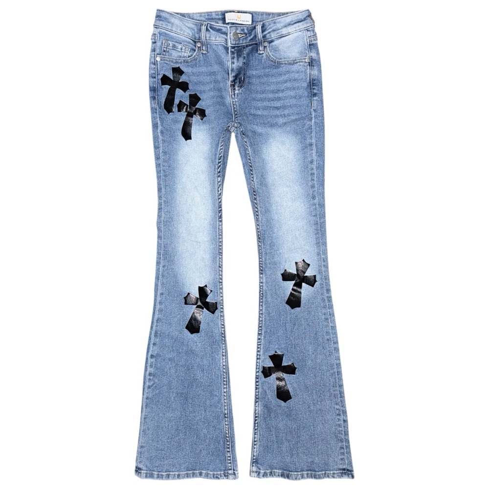 Austin Landing Mid Rise Light Wash Flare Jeans Black Cross Design Sz 1 (25x31)